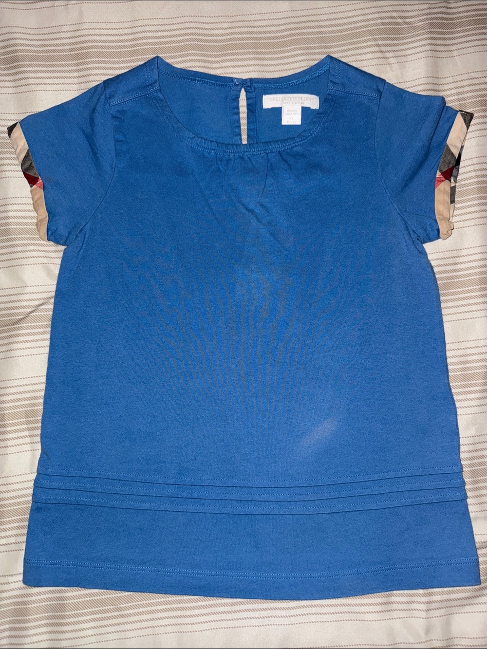 Burberry Royal Blue Short-Sleeve Tee with Signature Plaid Sleeve Trim